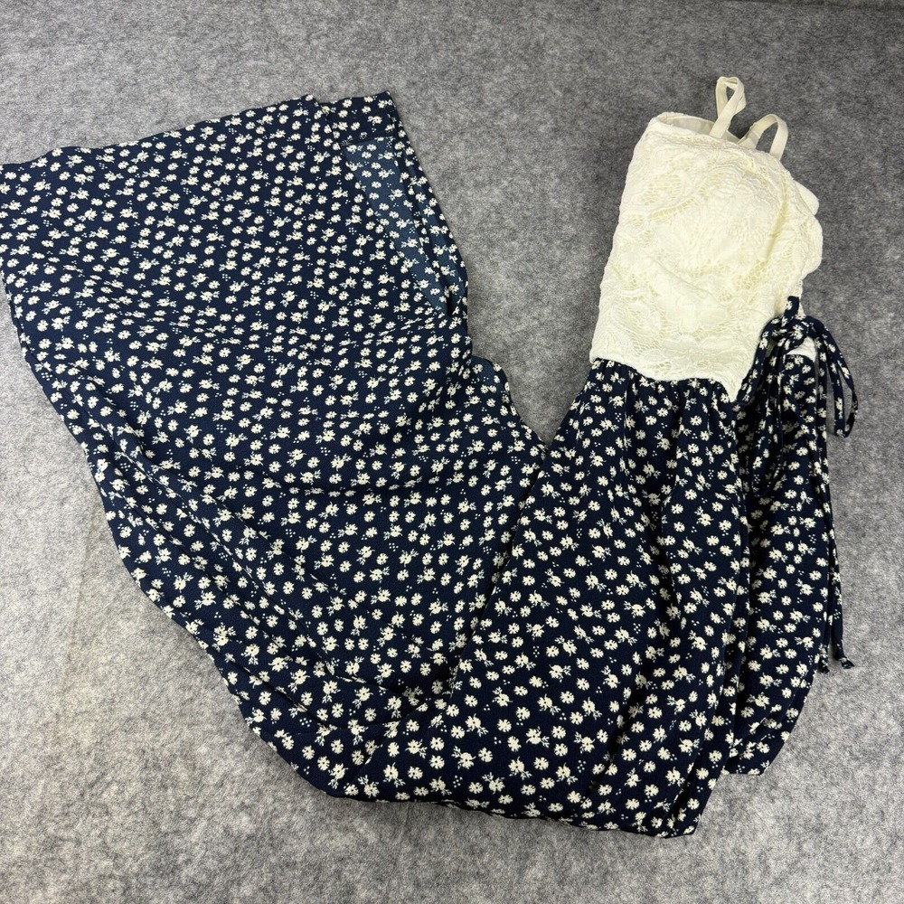 Candies Woman's White Lace & Blue Floral Wide Leg Jumpsuit Slits Y2K 90s Cottage - Picture 3 of 9